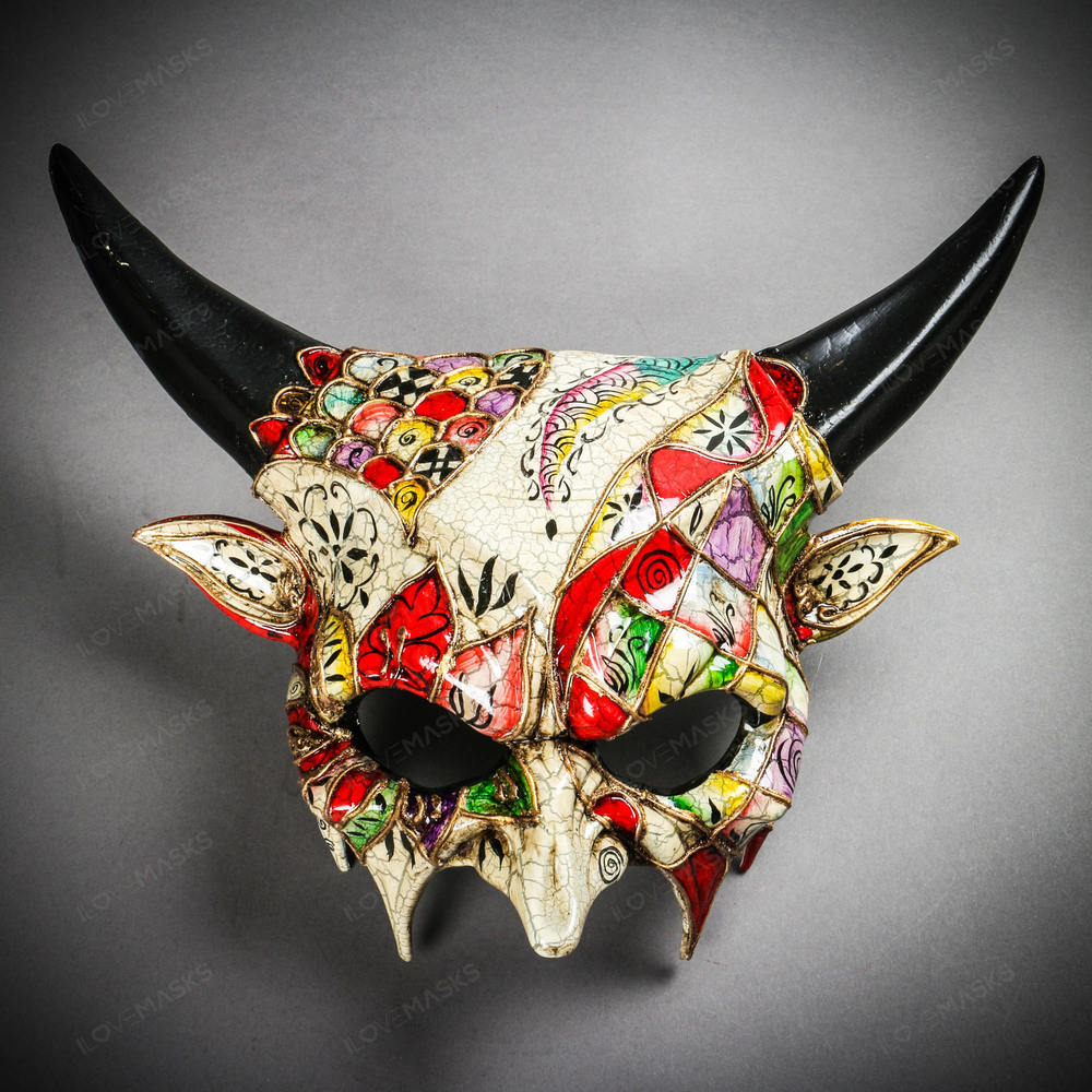 Demon Devil Mythical with Black Sharp Horn Masquerde Mask - White Gold